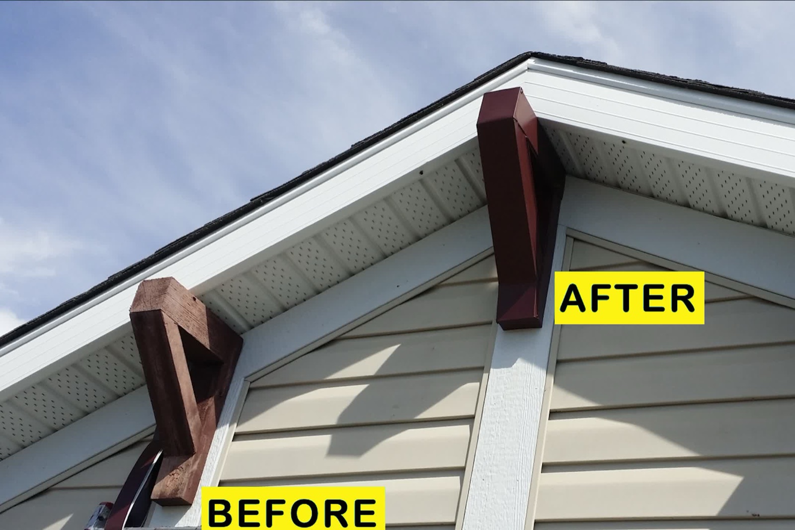 Gable Brackets — exterior wood trim capped in painted aluminum (Calgary)
